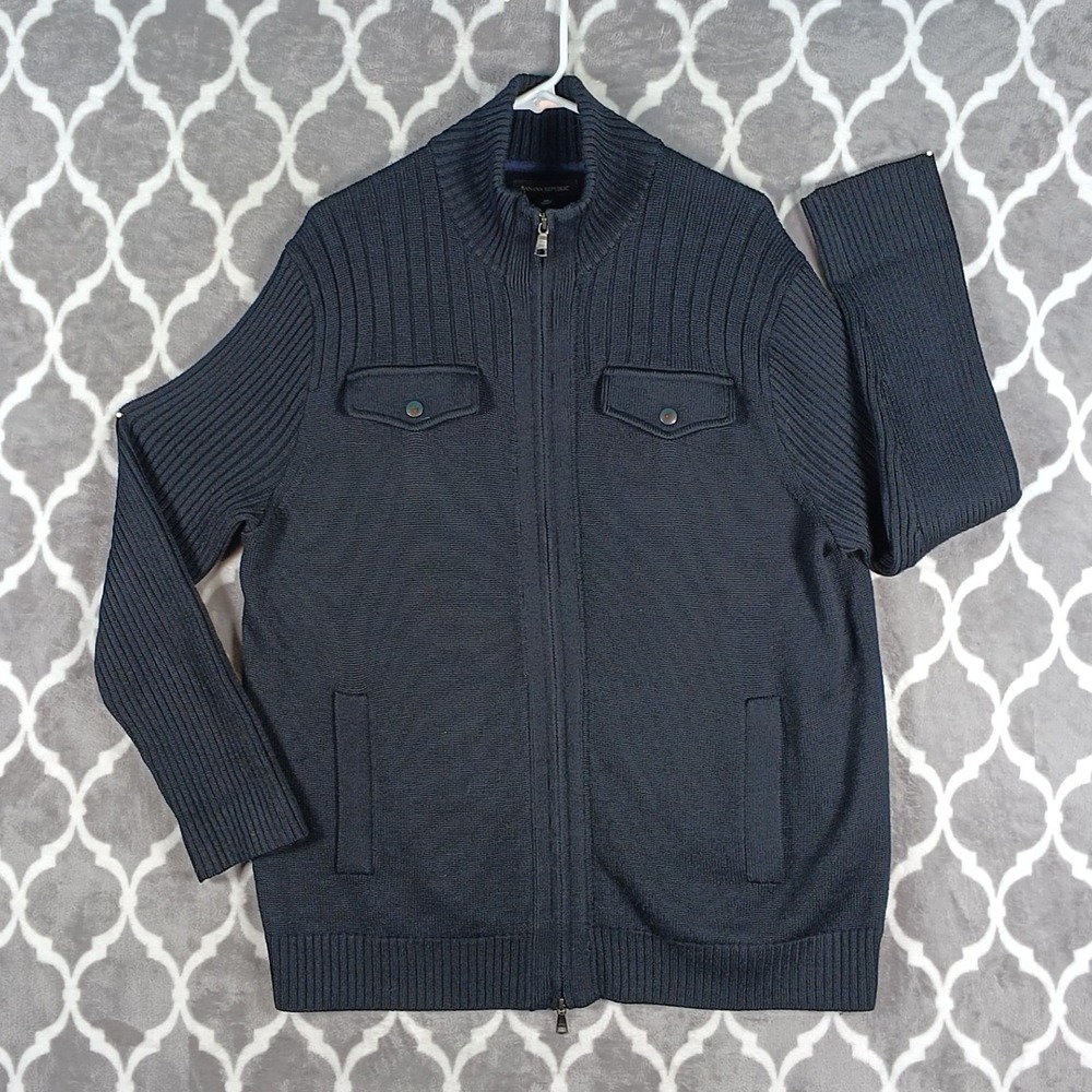 Banana Republic Sweater Mens XL Black Merino Wool Blend Full Zip Ribbed Knit